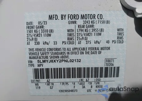 2023 Lincoln Aviator Grand Touring z USA, uszkodzony, nr VIN 5LMYJ8XY2PNL02132